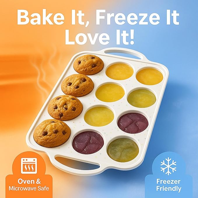 Regular Size 12 Cup Silicone Muffin Pans for Baking with Metal-Reinforced Handles – Nonstick Silicone Cupcake Pan, Easy-Release, BPA-Free Muffin Tray, Oven & Dishwasher Safe – 1 PACK - Cream