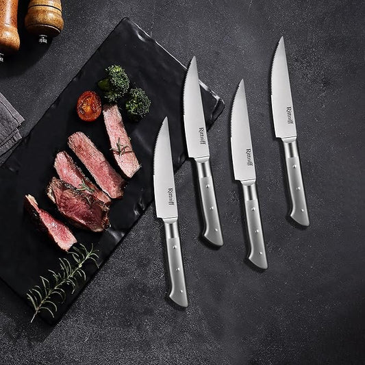 Forged Steak Knives Set of 4, Full-Tang Serrated German Steel, Dishwasher-Safe Luxury Gift Box, Sharp 1.2" Wide Handle Non-Slip, Ultimate Housewarming & Wedding Steak Knife Set