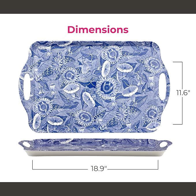 Spode Blue Room Sunflower Large Tray – (18.9" x 11.6") Rectangular Melamine Platter with White Floral Artwork, Durable Decorative Board for Hosting, Snacks, Tea, Food Serving & Entertaining