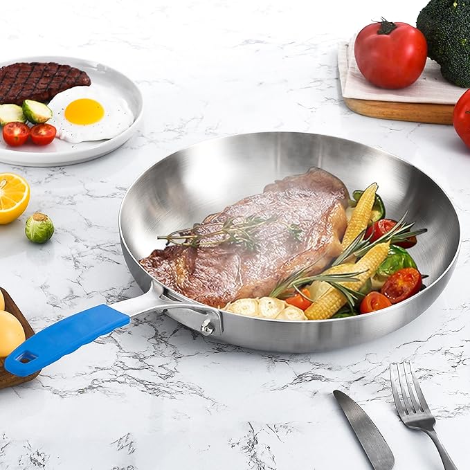 Inqibee 8.5 Inch Tri-Ply Stainless Steel Frying Pan with Lid, Skillet, Induction Cooking Pan, Dishwasher Safe and Detachable Handle