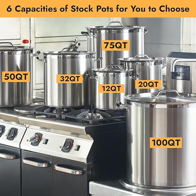 CURTA 75 Quart Large Stock Pot with Lid - Bottom Width 17.7 Inches - NSF Listed 3-Ply Clad Base 18/8 Stainless Steel Commercial Induction Ready Cookware