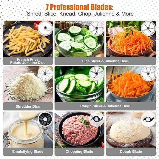 Homtone 16 Cup Food Processor Large, 9 Functions 7 Blades 3 Speeds for Shredding, Slicing, Making French Fries, Chopping Meat, Kneading Dough & Emulsifying, 600W