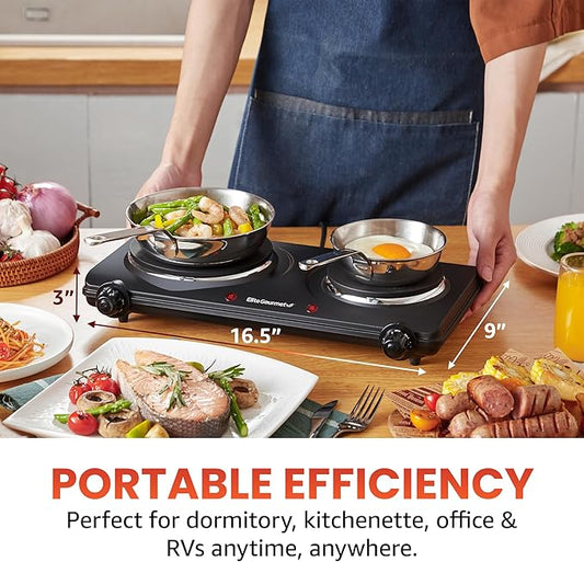 Elite Gourmet EDB-302BF# Countertop Double Cast Iron Burner,1500 Watts Electric Hot Plate,Temperature Controls,Power Indicator Lights,Easy to Clean,Black,(Pack of 3)