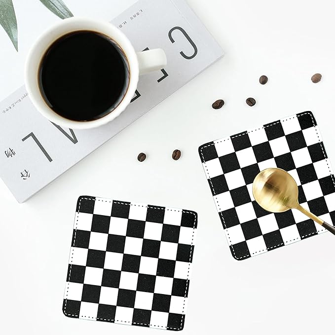 Marble Coasters Square Leather Drinks Coaster Set with Holder for Coffee Table Bar Home Decor 4 Inches Set of 6 (Checkered, One Size)