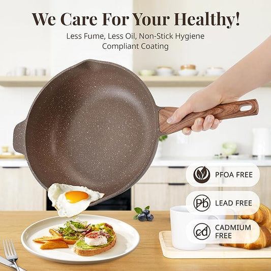 AOSION 11 Inch Nonstick Ceramic Deep Frying Pan Skille with Lid,5QT Sauté Pan for Cooking with Steam Rack,Healthy Large Skillet,Stay Cool Handle, Induction Compatible, PFOA & PFAS Free. (BROWN)