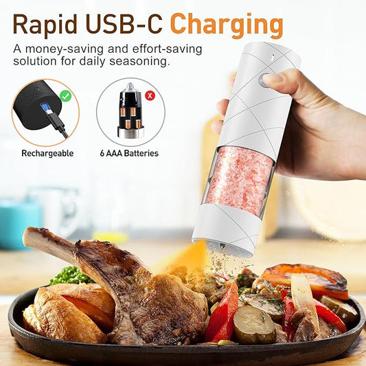 Electric Salt and Pepper Grinder Set, Rechargeable Automatic Pepper Mill Grinder with LED Light, House Warming Gifts New Home, One-Hand Operation for Kitchen Appliances(2 Pack Upgrade White)