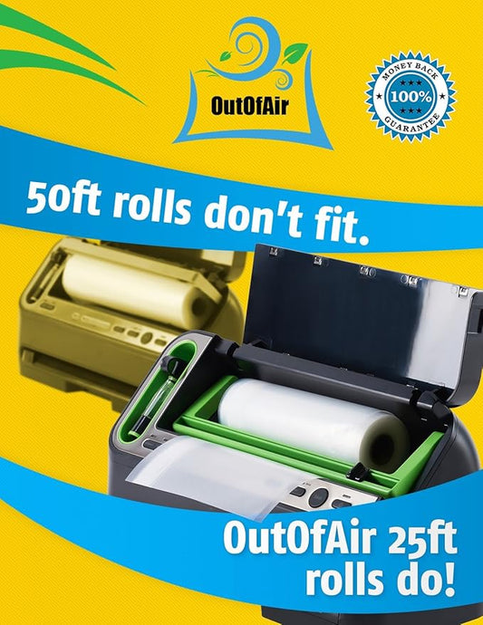 8" & 11" 25ft Vacuum Sealer Rolls (Fit Inside) 4 Rolls (2 of Each, 100ft total) OutOfAir Vacuum Sealer Bags Works With FoodSaver & Other Machines - 33% Thicker BPA Free, Commercial Grade