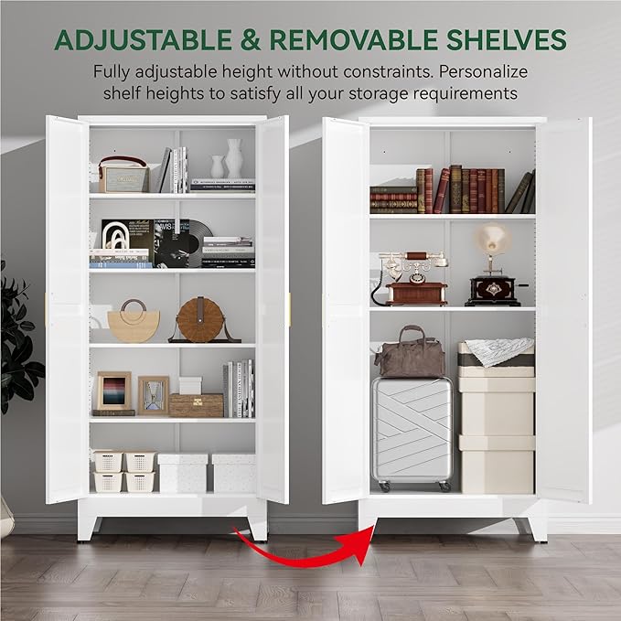Kitchen Pantry Cabinet,71" H x 31.5" W,Metal Farmhouse Storage Cabinet with Adjustable Shelves and Barn Doors,5-Tier Storage Cabinet for Kitchen Dining Room Garage,White