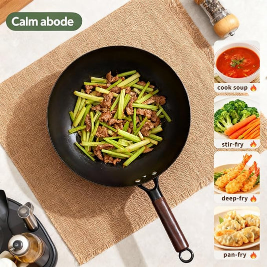 Calmabode Uncoated Carbon Steel Wok with Wooden Handle (13 Inch) - Traditional Chinese Stir Fry Pan for High Heat Cooking, Non-Toxic, Easy Cleanup, Induction & Stovetop Compatible with Hanging Loop