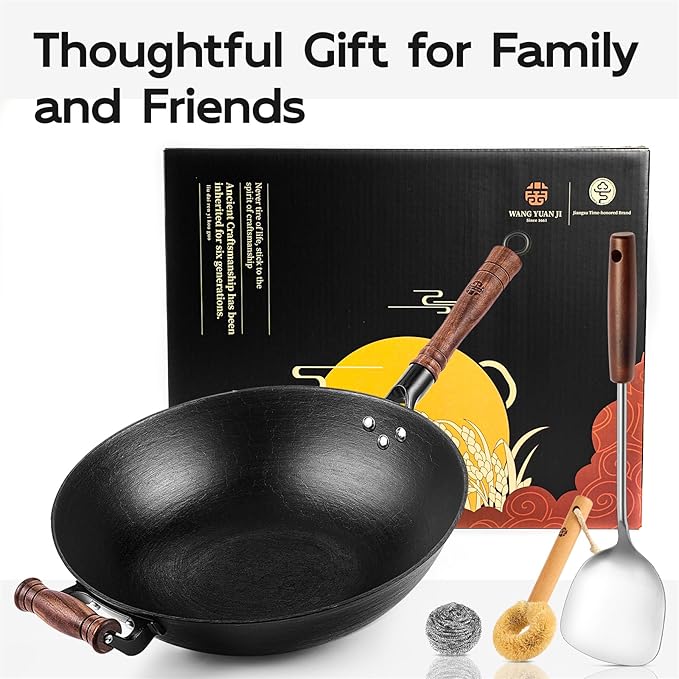 WANGYUANJI 14.2 Inch Cast Iron Wok with Wooden Lid and Stainless Steel Spatula, Large Capacity Flat Bottom Chinese Stir Fry Pan, Non-Toxic Uncoated Cast Iron Wok for Induction, Gas and Electric Stoves