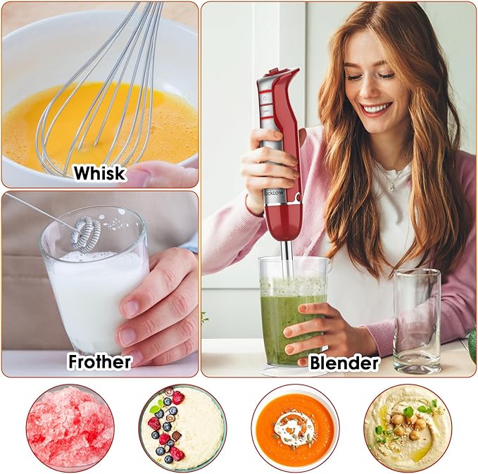 Immersion Blender Handheld for Kitchen,Emulsion Blender Handheld,6 Speed Electric Hand Mixer with BPA Free Attachments:Chopper Bowl,Whisk,Milk Frother,Measuring Cup