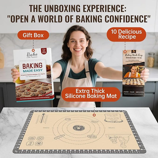 Silicone Macaron Baking Mat with 10 Easy Recipes, Non Stick Silicone Pastry Mat, Kneading Dough Rolling Mat Silicone Mats for Baking Cookie, bread, Pizza, Extra Thick Oven Mat & Dishwasher Safe
