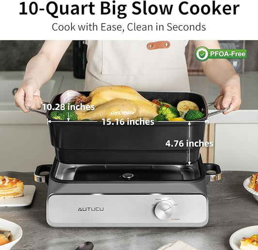 AUTUCU Slow Cooker 10-Quart - PFOA-Free Ceramic Coating, Oven Safe to 450°F | Keep Warm Function for Large Family Gatherings (Includes Silicone Spoon)