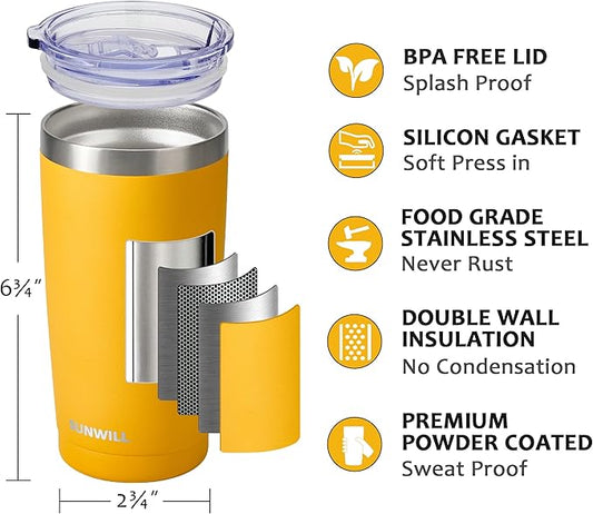 SUNWILL Travel Coffee Tumbler 20 oz, Insulated Mug with Lid, Stainless Steel Cup for Hot and Cold Drinks, Powder Coated Yellow