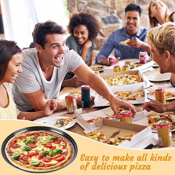 Meanplan 8 Pcs Non Stick Bakeware Pizza Pan Round Pan for Oven Carbon Steel Oven Tray Pie Baking for Home Restaurant Kitchen Baking Supplies, Black(12 Inch)