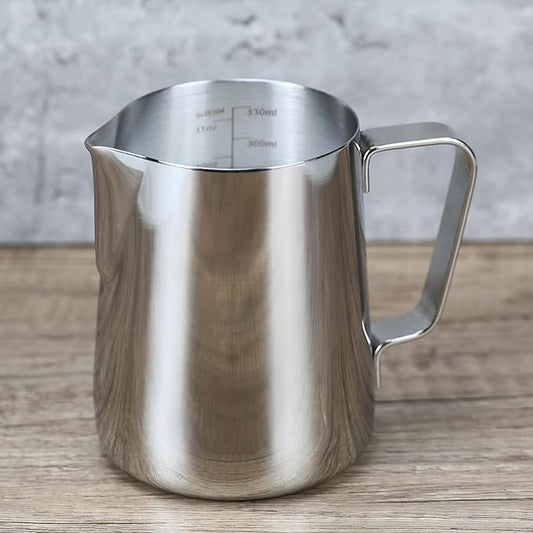 EIKS Stainless Steel Measuring Cup Steaming Pitcher Milk Frothing Jug with Handle, Pour Spout and ML/Ounce Scale (350ml)