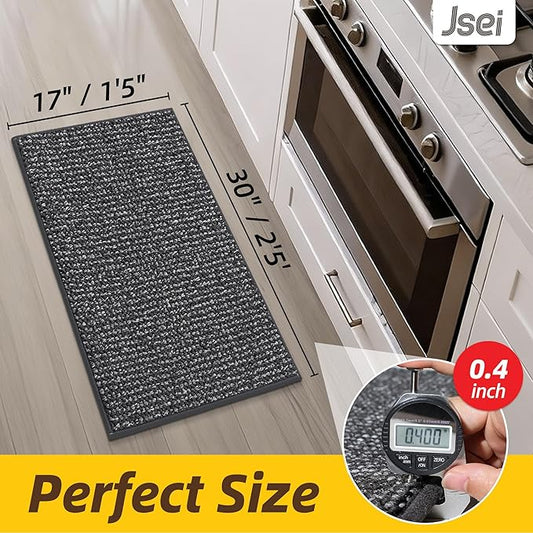 JSEI Kitchen Rugs, 17''x30'' Non-Slip Kitchen Mats for Floor, Machine Washable Absorbent and Stain Resistant Kitchen Runner, Carpet Mats with TPR Backing for Kitchen, Charcoal