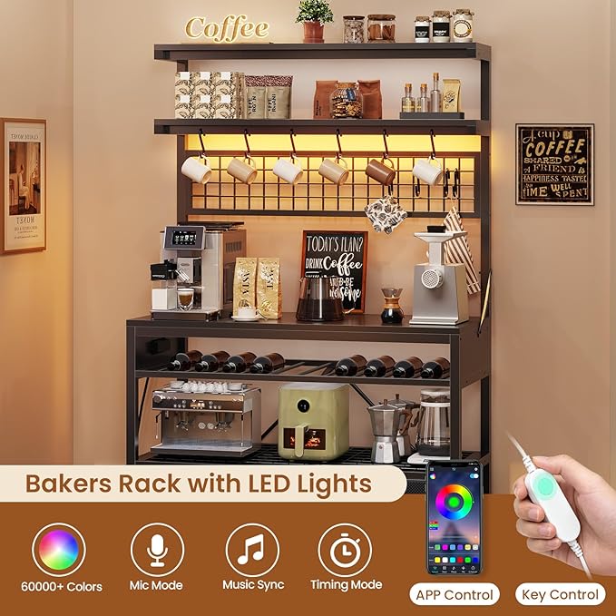 Itaar Bakers Rack with Storage Drawers, Microwave Stand with Power Outlet and LED Lights, 35.4 inch Coffee Bar Cabinet with Hutch, Wine Rack and Hooks for Kitchen, Living Room, Black