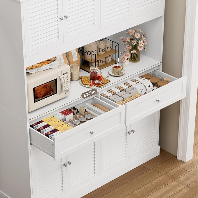 HIFIT 71" Hx55''W Large Kitchen Hutch Storage Cabinet, Farmhouse Coffee Bar Hutch with Microwave Stand, Tall Kitchen Pantry Cabinet with Louvered Doors, 2 Cable Holes, 2 Drawers, White