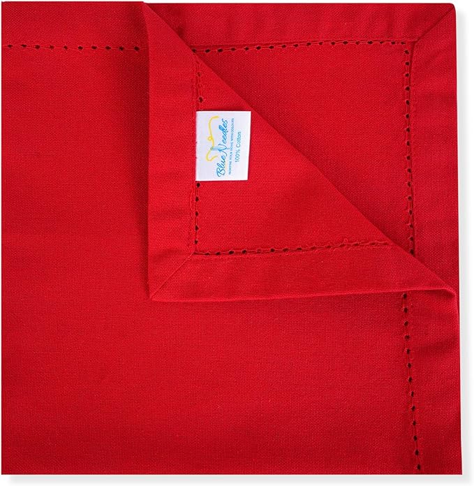 Blue Needles Set of 12 Hemstitch Linen Napkins 100% Cotton Red Cloth Dinner Napkins 18x18 inches, Soft, Reusable, Absorbent, Washable, Ideal for Valentine's Day Events, Parties & Everyday Use