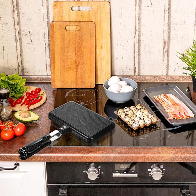 VOSAREA Sandwich Maker Grilled Sandwich Maker Pan Non-Stick Hot with Long Handle Double Sided Frying Pan Stovetop Toasted for Home Kitchen Breakfast Camping (Black)