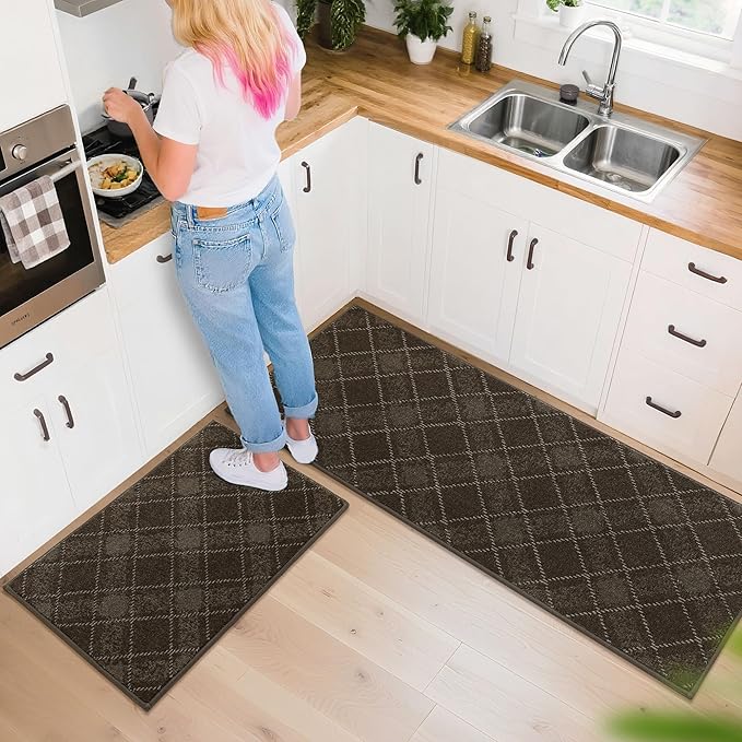 COSY HOMEER Kitchen Rugs and Mats Sets 2PCS Non-Slip Soft Kitchen Mats for Floor Absorbent and Stain Resistant Kitchen Floor Mat Washable Plaid Rugs for Kitchen,24"x36"+24"x60",Brown