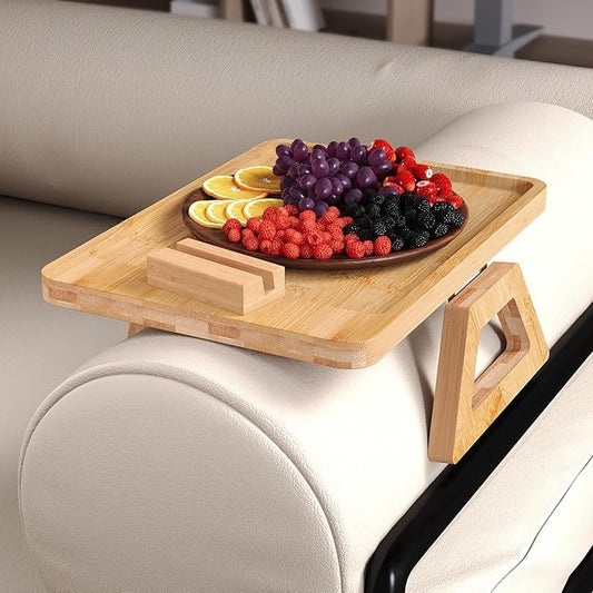 Couch Arm Tray with 360°Phone,Bamboo Folding Sofa Tray,Sofa Armrest Trays Clip-On Couch Desk for Drinks,Snacks,Phone,Remote Control(Natural)