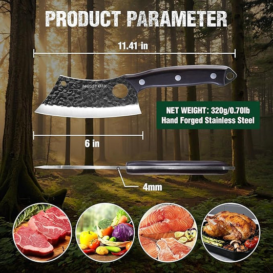 Mossy Oak Meat Cleaver Knife, Butcher Knife with Genuine Leather Sheath, Hand Forged Kitchen Knife Full Tang Handle for Meat and Vegetable Cutting, Outdoor Cooking, Camping and BBQ