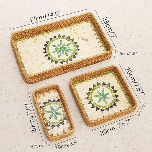 i-lan Set of 3 15" Rectangular Rattan and Mother of Pearl Serving Tray,Boho Rectangule Natural Rattan Woven Trays,Green Triangle Pattern Decorative for Entryway Kitchen Bathroom Counter
