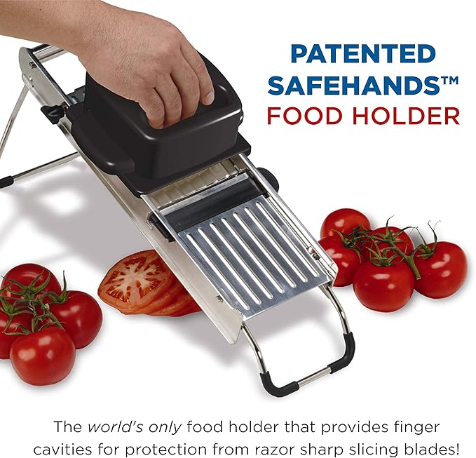 Jaccard Stainless Steel SafeHands Mandolin Slicer, Food Chopper, Compact Vegetable Chopper with Seven Interchangeable Blade Cartridges, Easy to Use and Store, Dishwasher-Safe