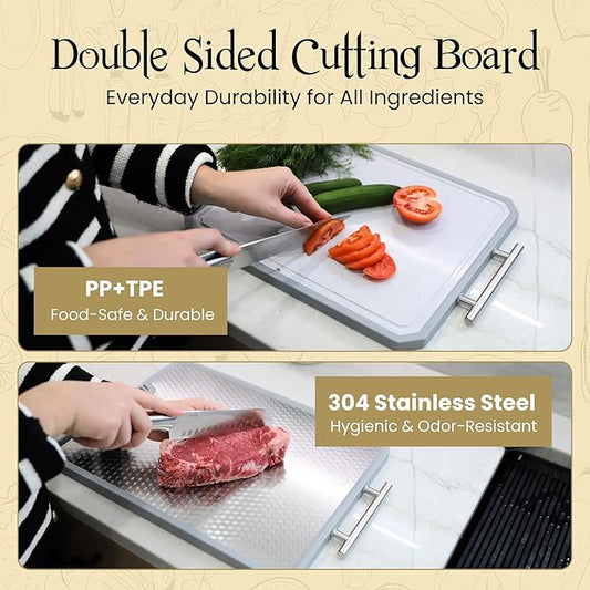 MUGAA Stainless Steel Cutting Board, Double-Sided 304 Stainless Steel & PP, Built-In Knife Sharpener, Non-Slip Juice Groove, Dishwasher Safe Steel Cutting Boards For Kitchen, Large (17.7" x 12.6")