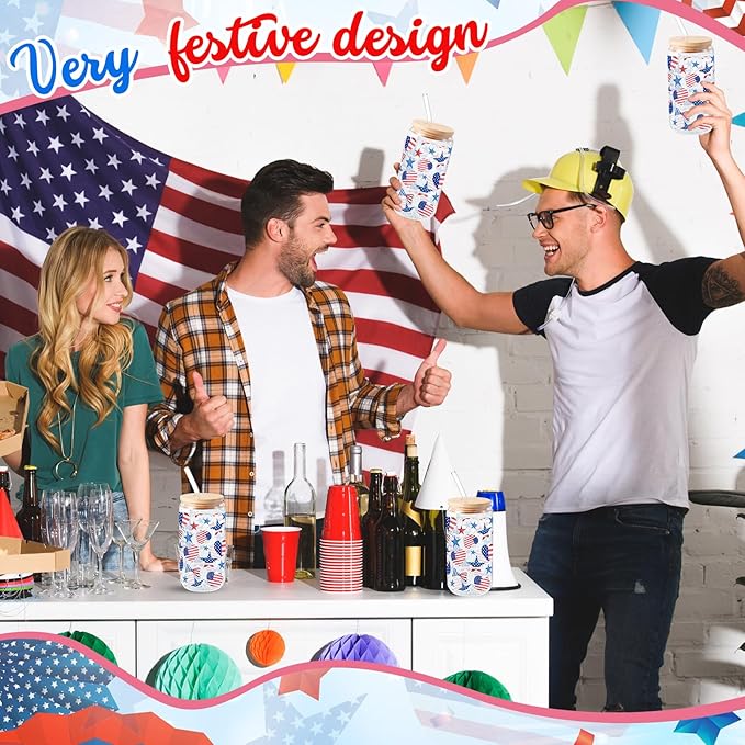 Sliner 2 Pcs Veterans Day Glass Cups 4th of July Tumbler Gifts Patriotic American Flag Star Iced Coffee Cup with Lid Straw Cleaning Brush 16 oz Red White Blue Drinking Glasses for Women