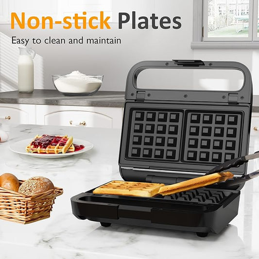 Sunvivi 3 in 1 Sandwich Maker, Electric Waffle Maker with Removable Non-stick Plates, 850W Panini Press Grill with Glass Top, Cool Touch Handle & Easy to Clean