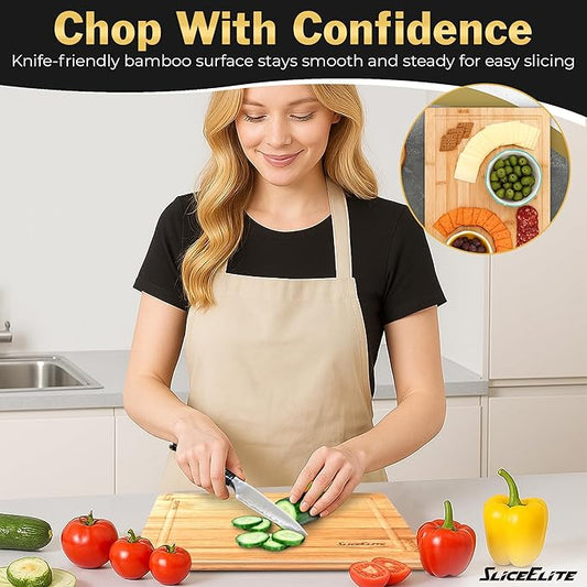 SliceElite Bamboo Cutting Board Set of 3 with Holding Rack and Silicone Feet Non Slip Storage Organizer with Handles Juice Grooves Space Saving Countertop Kitchen Wood Prep Boards Wooden Chopping
