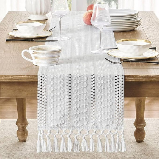 ZeeMart Macrame Style Boho Table Runner, White Table Runners 108 Inches Long, Farmhouse Woven Home Decor, 12x108 Inch, White