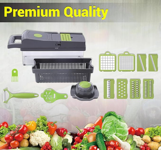 NEEZ Vegetable Chopper 15 in 1 – Multifunctional Mandoline Slicer Dicer, Cutter & Grater for Onion, Potato, Salad & Garlic with Drain Basket Container (Black and Green)