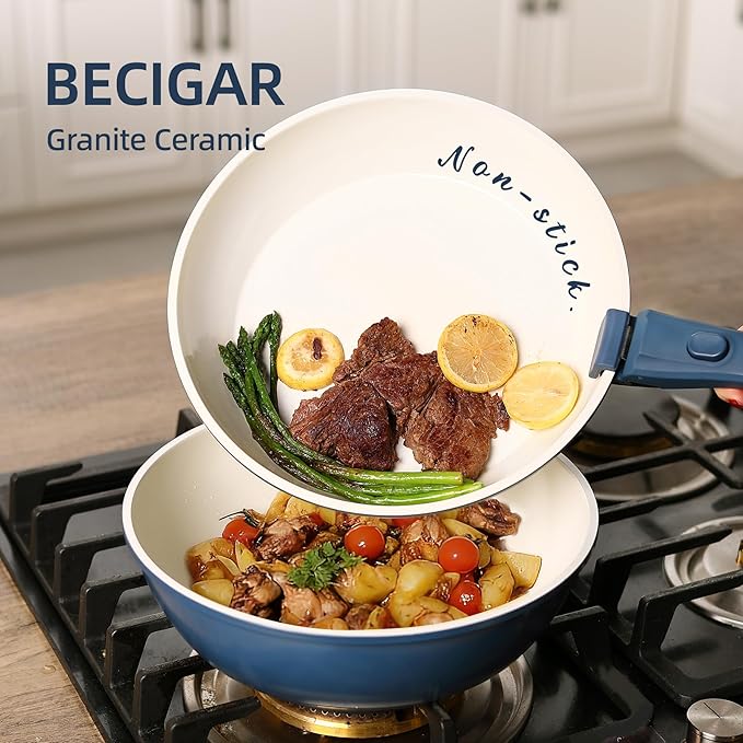 23pcs Ceramic Pots and Pans Set, Nonstick Detachable Handle Cookware, Induction Kitchen Cooking Set with Removable Handle,include Frying Pans & Saucepans Oven Safe(Blue)