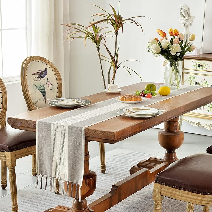 Wracra Linen Table Runner, Farmhouse Macrame Table Runners 36 Inches Long for Dining Table Decor, Wedding, Party and Dresser Decor (Dark Coffee,36")