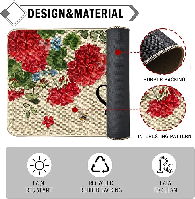 Geranium Spring Kitchen Mats for Floor Set of 2, Geranium Flower Summer Floor Mats, Non Slip Rubber Backing Kitchen Floor Mat and Rug Set for Kitchen Sink, Office, Laundry