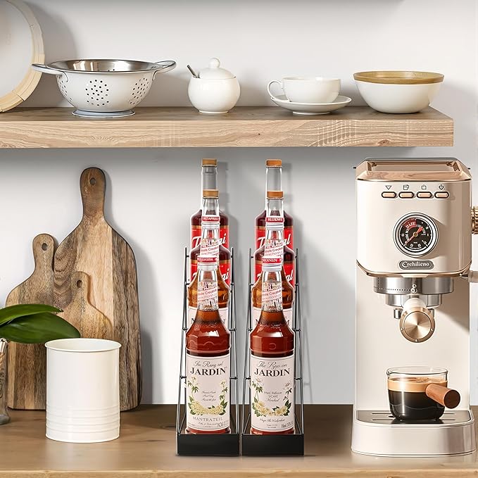 mustry Coffee Syrup Rack for Coffee Bar Accessories, Coffee Syrup Holder Fits with Torani and Monin Syrup, Coffee Bar Rack Holds 4 Bottles, 2 Pack