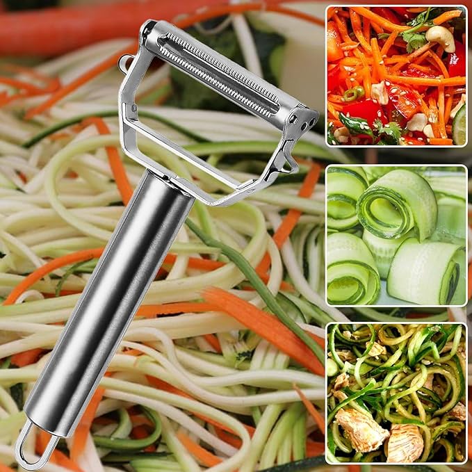 Vegetable Peeler Julienne Slicer 3 in 1 Kitchen Peeler Zucchini Salad Maker Ultra Sharp Potato Peelers Stainless Steel No-Rust Carrot Cutter Anti-Slip Handle Cucumber Slicer + Cleaning Brush