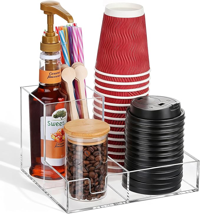 Coffee Cup Holder for Countertop, Clear Acrylic Coffee Bar Accessories and Organizer, Coffee Station Organizer for Cup Lid Stirrers Pod