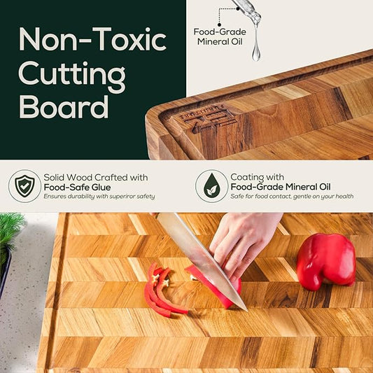 EZ FURNITURE Extra Large (XL) Teak Wood Premium Cutting & Serving Board, Knife Friendly, Pre-Oiled End Grain with Juice Groove & Handles, Non-Toxic (24"Lx18"Wx1.15"Th)