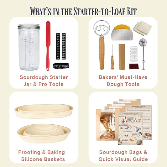 JoeCo Sourdough Starter Kit, Complete Starter-To-Loaf Set with Instructions, Sourdough Starter Jar, Silicone Proofing Baskets, Danish Dough Whisk, Dough Scraper, Bread Lame & Sourdough Baking Supplies