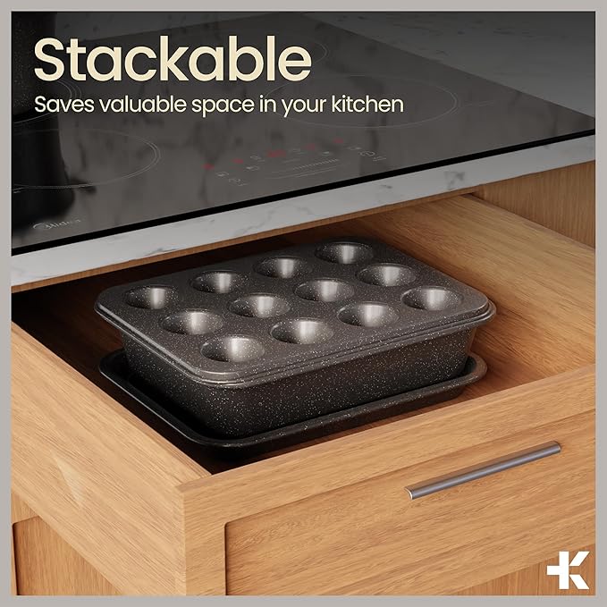 Bakken 4-Piece Bakeware Sets, Nonstick Carbon Steel Baking Sheet, Stackable Space-Saving Bakeware, Dishwasher Safe, Stain-resistant, PFOA, PFOS, & PTFE Free, Oven Safe Up To 450°F, Gray Marble