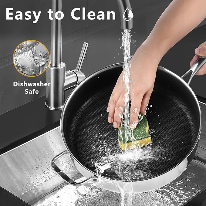 SAKAMOSH 12 Inch Frying Pan Nonstick with Lid, 5.6QT Hybrid Ceramic Deep Saute Pan & Skillet, Tri-Ply Stainless Steel for Even Heat, PFOA/PFOS Free, Induction & Oven Safe