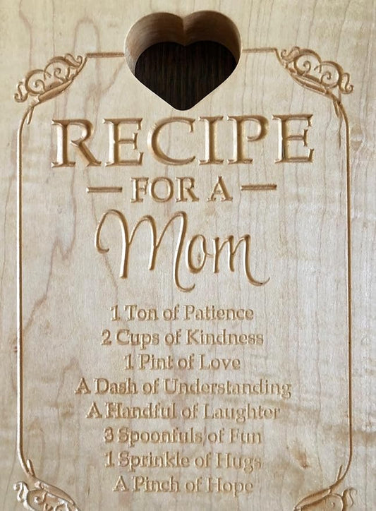 Maple Wood Cutting Board with Heart Design, Recipe for a Mom Engraving, Decorative Kitchen Display, Paddle Shaped Cutting Board, Mother's Day Gift