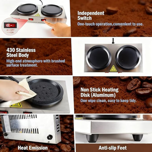 OwnLifeYF Commercial Double Coffee Carafe Warmer, Stainless Steel, 2 Burners Decanter Warmer Plate,Suitable for Café, Break Room, Buffet, Event and Commercial Use (US Plug 110V)