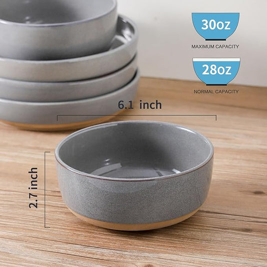 Tikooere Ceramic Soup Bowls Set of 6,30 Ounce Stoneware Cereal Bowl,Porcelain Nesting Bowls for Oatmeal,Popcorn,Soup,Pasta,Fruit,Housewarming Gift,Microwave & Dishwasher Safe,Gray