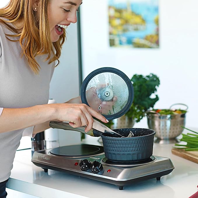 OVENTE Countertop Infrared Double Burner, 1700W Electric Hot Plate and Portable Stove with 7.75" and 6.75" Ceramic Glass Cooktop, 5 Level Temperature Setting and Easy to Clean Base, Silver BGI102S